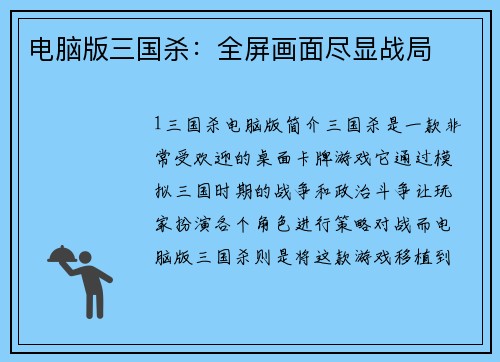 电脑版三国杀：全屏画面尽显战局